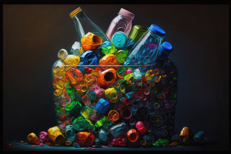 a bin overflowing with plastic bottles, their vibrant colors and shapes contrasting against the drab background, created with generative aiの素材