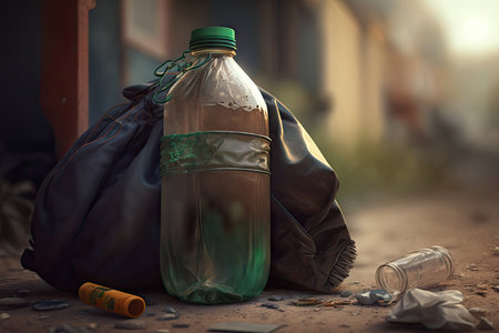 close-up of plastic bottle with garbage bag and other stray objects in the background, created with generative aiの素材