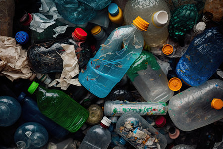 close-up of discarded plastic bottles in a messy and chaotic pile, created with generative aiの素材