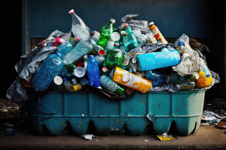 plastic bottle garbage bin overflowing with discarded plastic bottles, created with generative aiの素材