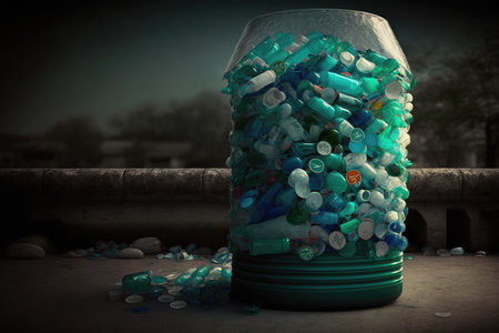 plastic bottle garbage bin overflowing with discarded plastic bottles, created with generative aiの素材