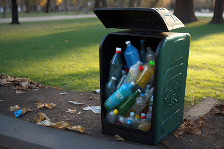 plastice bottle bin overflowing with trash in public park, created with generative aiの素材