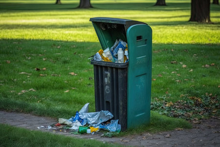 plastice bottle bin overflowing with trash in public park, created with generative aiの素材