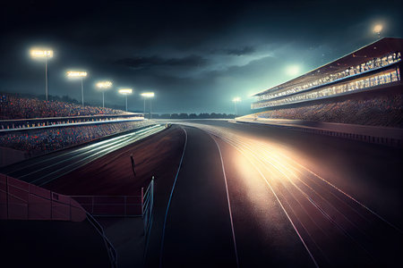 race track at night, with lights illuminating the way and spectators in the stands, created with generative aiの素材