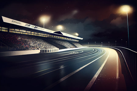 race track at night, with lights illuminating the way and spectators in the stands, created with generative aiの素材