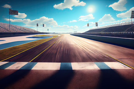 race track, with view of the start/finish line and checkered flag in the distance, created with generative aiの素材