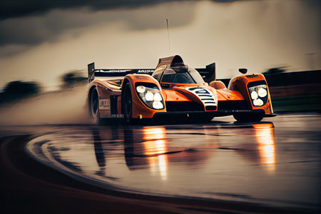 race car, speeding around track during practice run, created with generative aiの素材