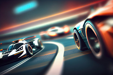 close-up of race track with cars speeding past in blur, created with generative aiの素材
