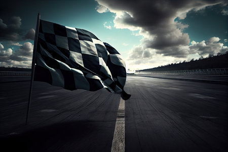 race track, with view of the finish line and checkered flag for dramatic finish, created with generative aiの素材