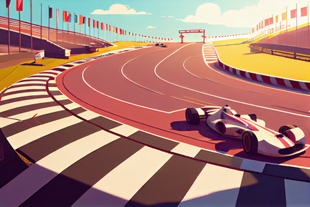race track, with cars racing around the track, on a sunny day, created with generative aiの素材