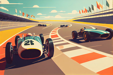 race track, with cars racing around the track, on a sunny day, created with generative aiの素材