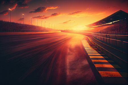 race track during sunset, with the sun casting warm and vibrant colors over the track, created with generative aiの素材