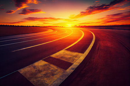 race track during sunset, with the sun casting warm and vibrant colors over the track, created with generative aiの素材