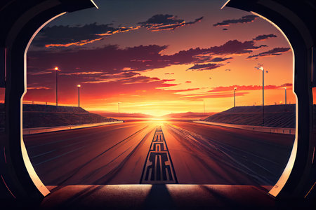 race track, with view of sunset over the horizon, bringing a close to another day, created with generative aiの素材