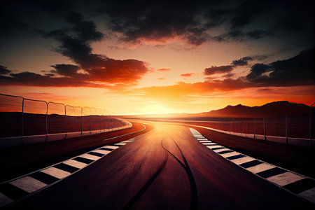 race track, with view of sunset over the horizon, bringing a close to another day, created with generative aiの素材