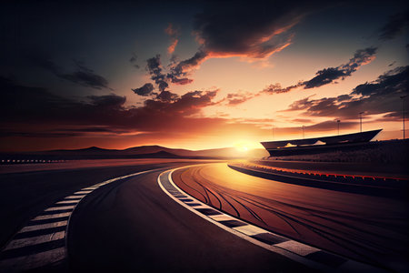 race-track, with view of sun setting over the horizon, created with generative aiの素材