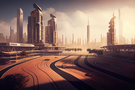 race track, surrounded by bustling cityscape, with towering skyscrapers in the background, created with generative aiの素材