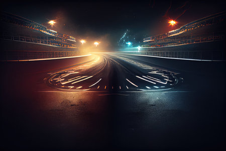 race track at night, with bright lights shining and shadows cast on the track, created with generative aiの素材