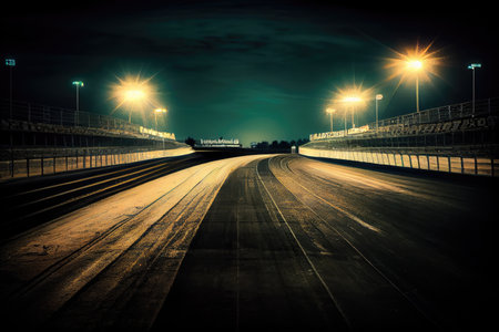 race track at night, with bright lights shining and shadows cast on the track, created with generative aiの素材