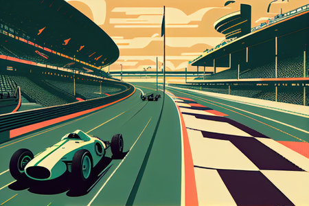 race track, with cars on the track, racing past the stands, created with generative aiの素材