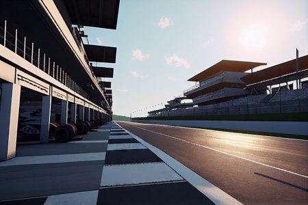 race track, with view of the pit lane and team garages during practice session, created with generative aiの素材