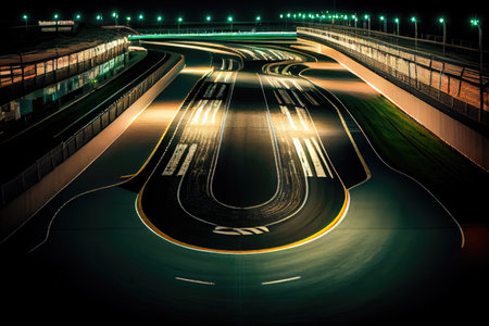 race track at night, with the lights illuminating the racing action, created with generative aiの素材