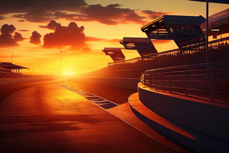 race track at sunset, with the sun setting behind the grandstands, created with generative aiの素材