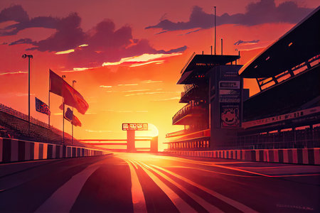 race track at sunset, with the sun setting behind the grandstands, created with generative aiの素材