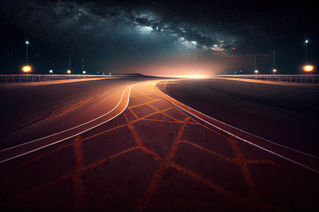 race track at night, with bright lights and stars in the sky, created with generative aiの素材