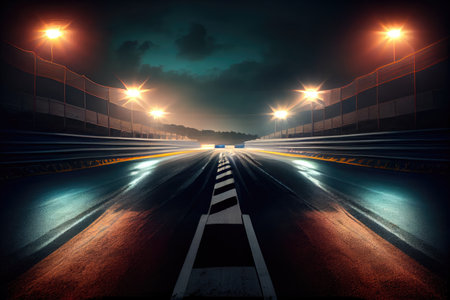 race track, night, with car headlights shining on the track, created with generative aiの素材