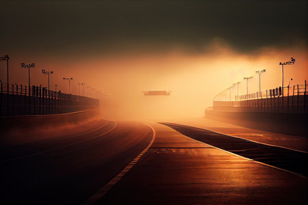 race track in the misty light of dawn, created with generative aiの素材