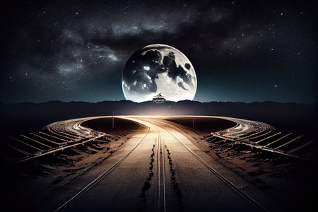 race track at night with a full moon and stars in the sky, created with generative aiの素材
