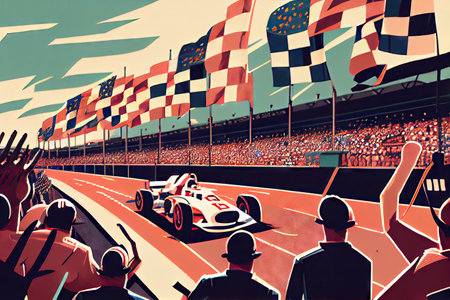 stadium with packed stands for race, drivers lined up on track, and checkered flag waving in the wind, created with generative aiの素材