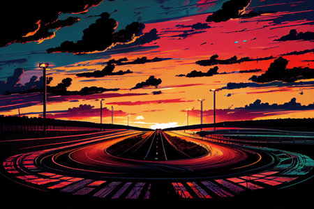 race track with view of the sunset, with vibrant colors in the sky, created with generative aiの素材