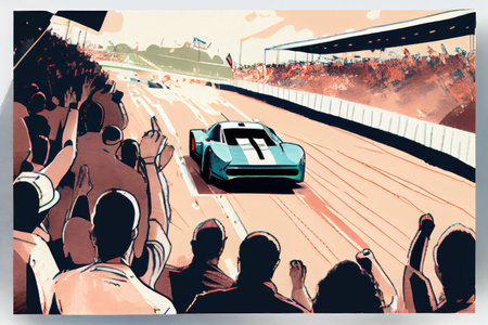 race car driving past cheering crowd, with view of the finish line in sight, created with generative aiの素材