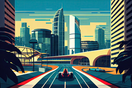 race track in the city, with skyscrapers and other modern buildings in the background, created with generative aiの素材