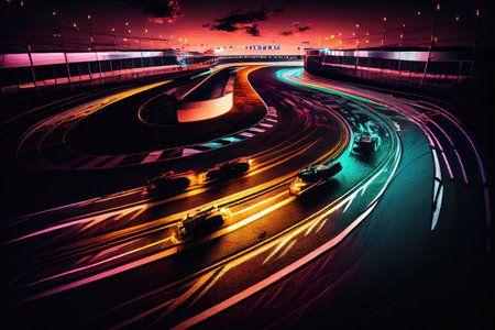 race track at night, with colorful lights and reflections shining off the cars, created with generative aiの素材