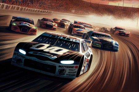 nascar race, with cars speeding around the track and drivers battling for position, created with generative aiの素材
