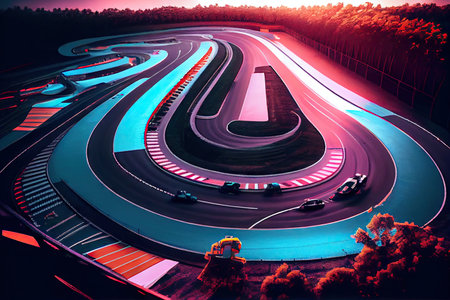 drone shot of race track, with fast cars speeding around the curves, created with generative aiの素材
