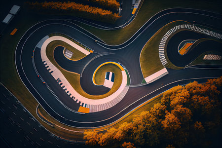 drone shot of race track, with fast cars speeding around the curves, created with generative aiの素材