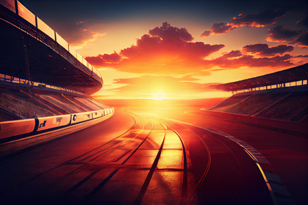 race track with view of sunset, with the sun setting behind the track, created with generative aiの素材