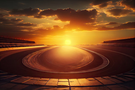 race track with view of sunset, with the sun setting behind the track, created with generative aiの素材