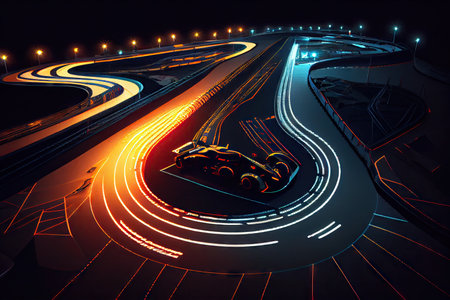 race track at night, with the illuminated track and racing cars visible, created with generative aiの素材