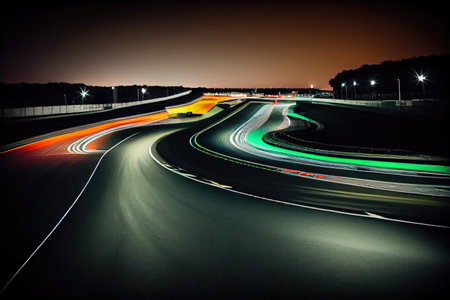 race track at night, with the illuminated track and racing cars visible, created with generative aiの素材
