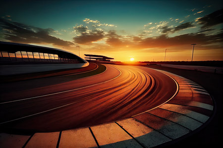 race track at sunset, with the sun setting over the horizon, created with generative aiの素材
