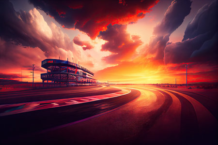 race track, with view of sunset, in dramatic and colorful sky, created with generative aiの素材
