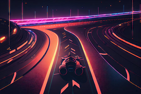 race track at night, with glowing neon lights and stars in the background, created with generative aiの素材