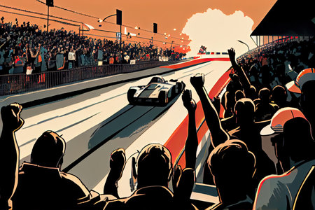 race track with crowd of spectators cheering on their favorite driver, created with generative aiの素材