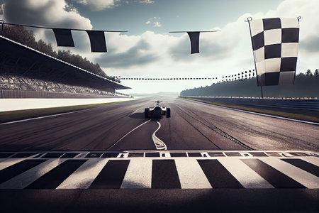 race track, with view of the starting grid and checkered flag in the distance, created with generative aiの素材