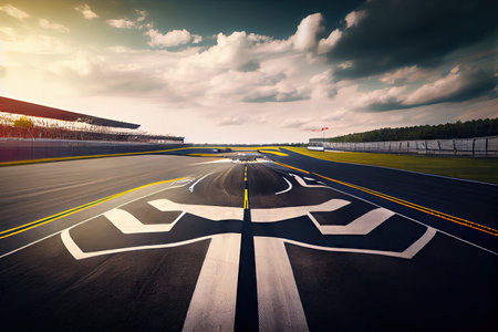 race track, with view of the starting grid and checkered flag in the distance, created with generative aiの素材